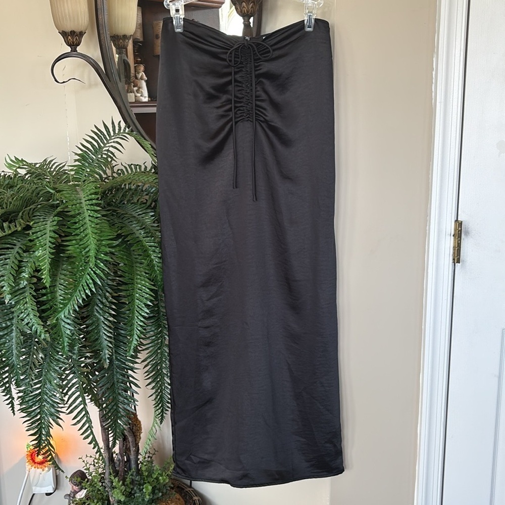 Princess Polly Black Satin Maxi Skirt w/ Ruched Front Bow Tie Party Formal